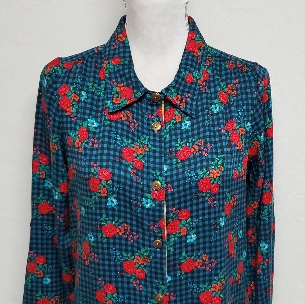 MATILDA Jane Fa La La Blue Plaid Red Rose Floral Button Up Midi Dress XS - Picture 3 of 14